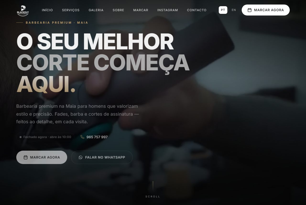 Website da Blackout Barbershop, barbearia na Maia, criado pela BizLaunch